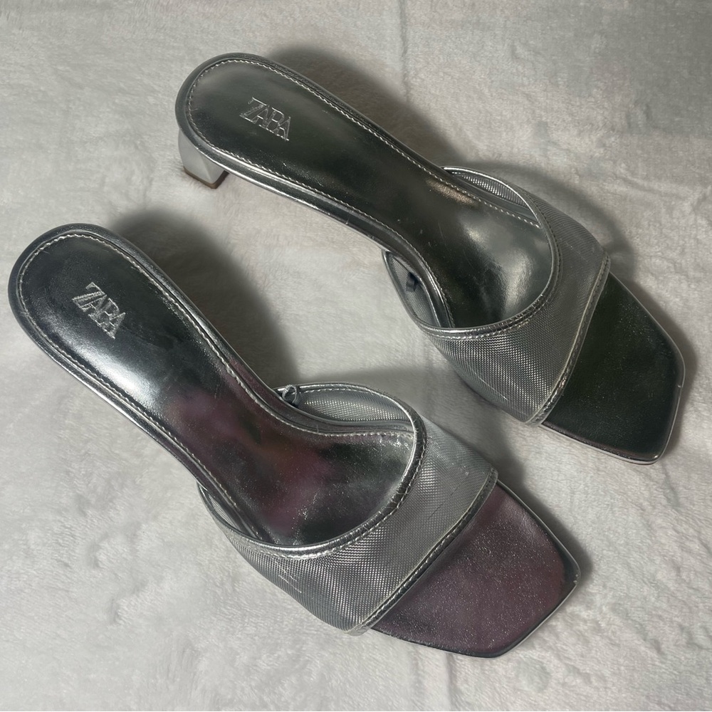 Zara Metallic Silver Heeled Mules - Picture 3 of 8